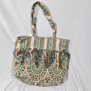 America & Beyond | Boho Fringe Beaded | Travel Tote | Cotton Blend